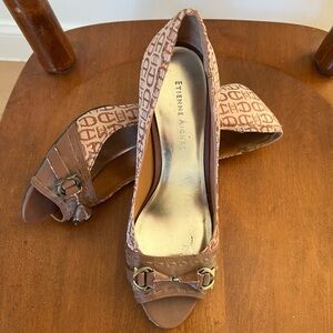 Etienne Aigner Tan Monogram Peep-Toe Heels